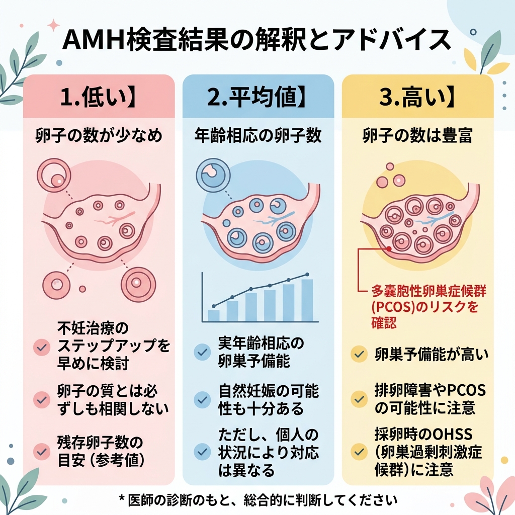 AMH値が低い場合、平均値、高い場合(PCOSリスク)のそれぞれの卵巣の状態と推奨対策を整理したインフォグラフィック