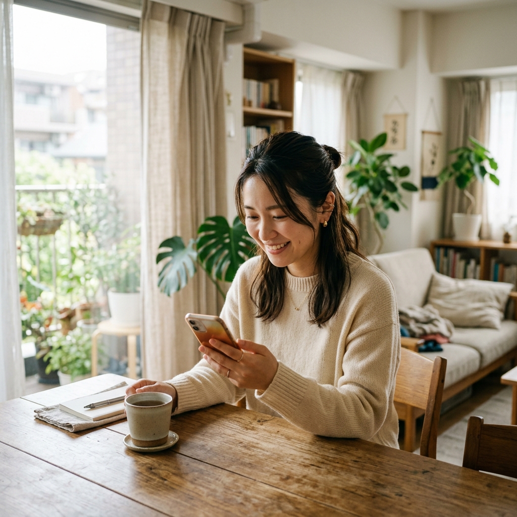 スマートフォンを使って自分に合った妊活アプリを探す日本人女性のイメージ