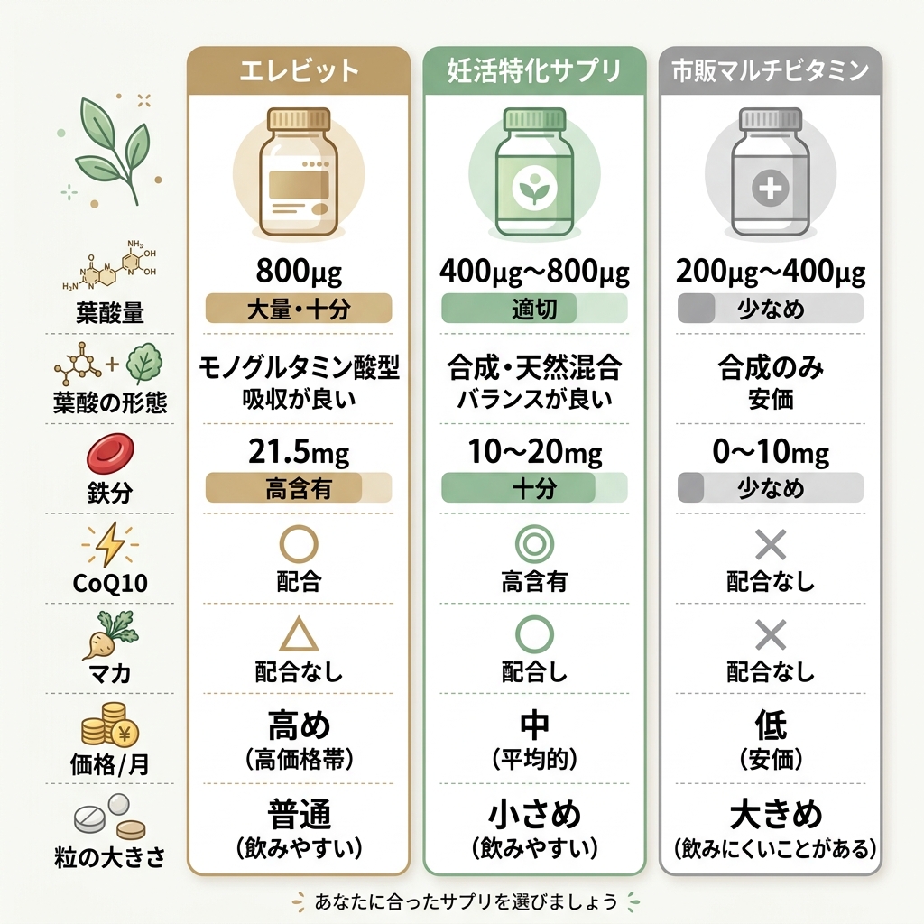 エレビット・妊活特化サプリ・市販マルチビタミンの成分比較インフォグラフィック