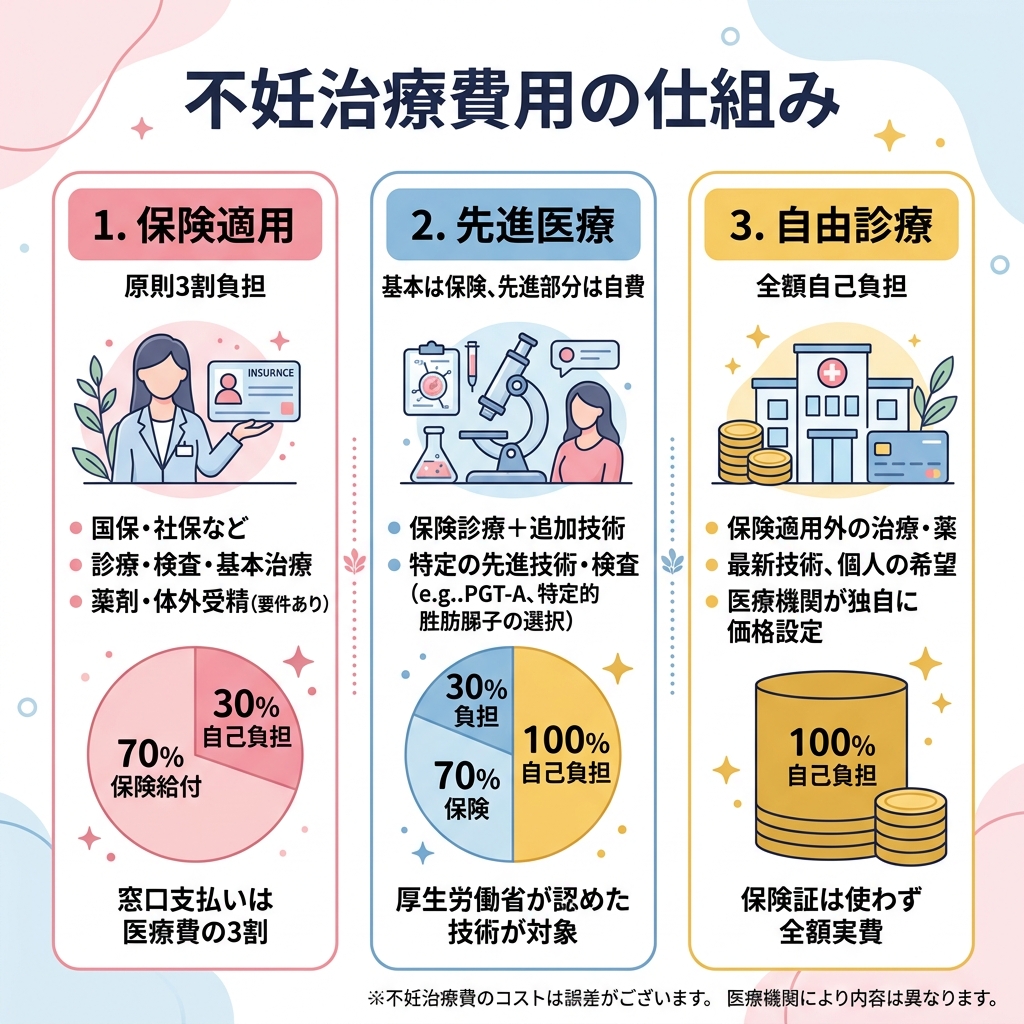 保険適用、先進医療、自由診療の3つの治療区分とそれぞれの自己負担割合(3割、先進部分のみ自費、全額自己負担)を整理したインフォグラフィック