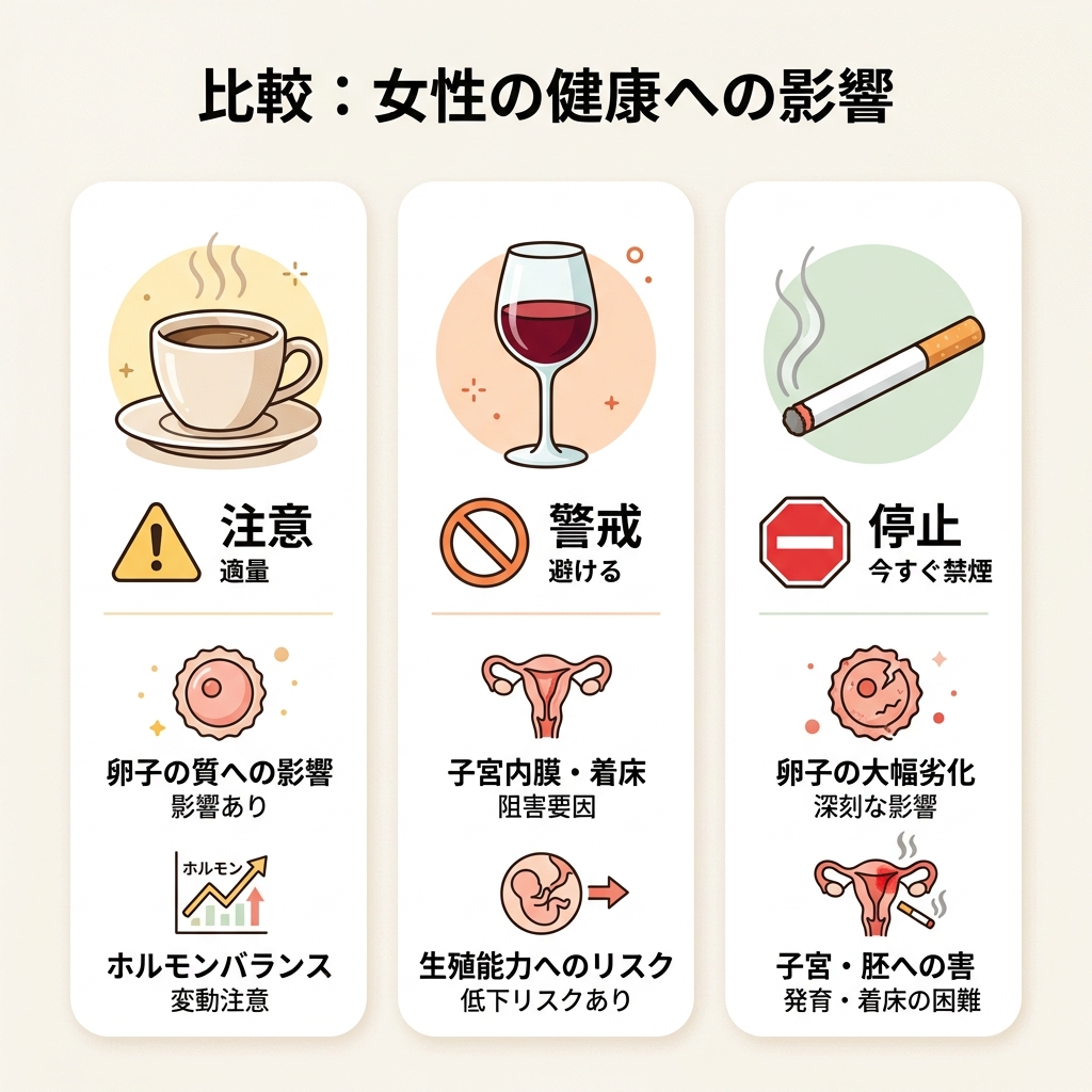 カフェイン・アルコール・タバコの妊活への影響比較