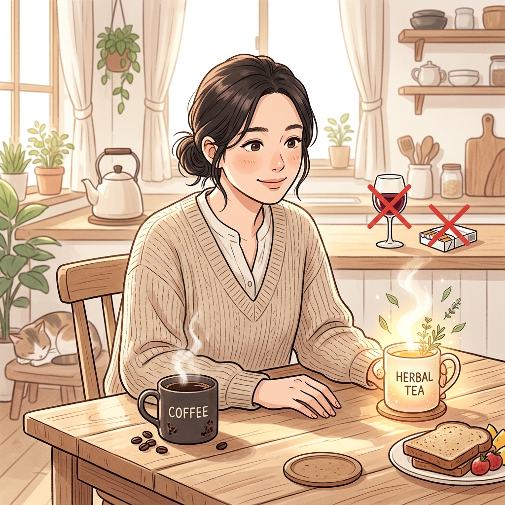 妊活中のカフェイン・アルコール・タバコの影響を考える女性のイメージ