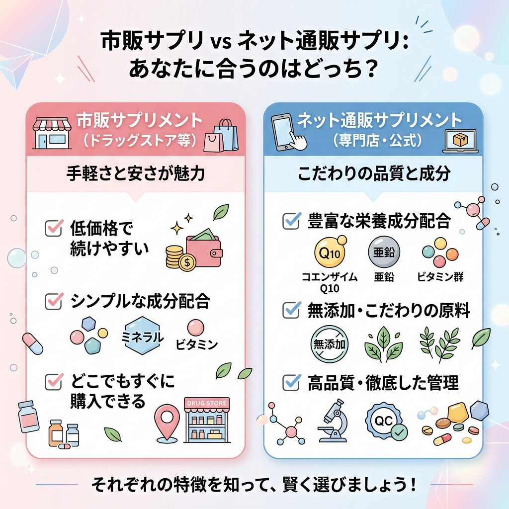 市販サプリの手軽さとネット通販サプリのオールインワン・高品質な特徴を対比した比較図