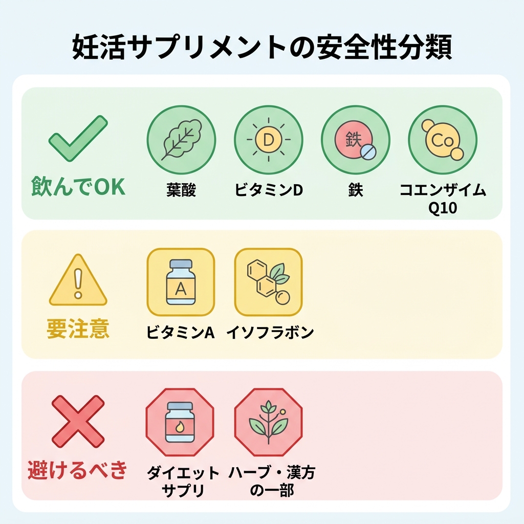 妊活サプリを飲んでOK、要注意、避けるべきの3つの安全性カテゴリに整理したシグナルマーク風の比較表