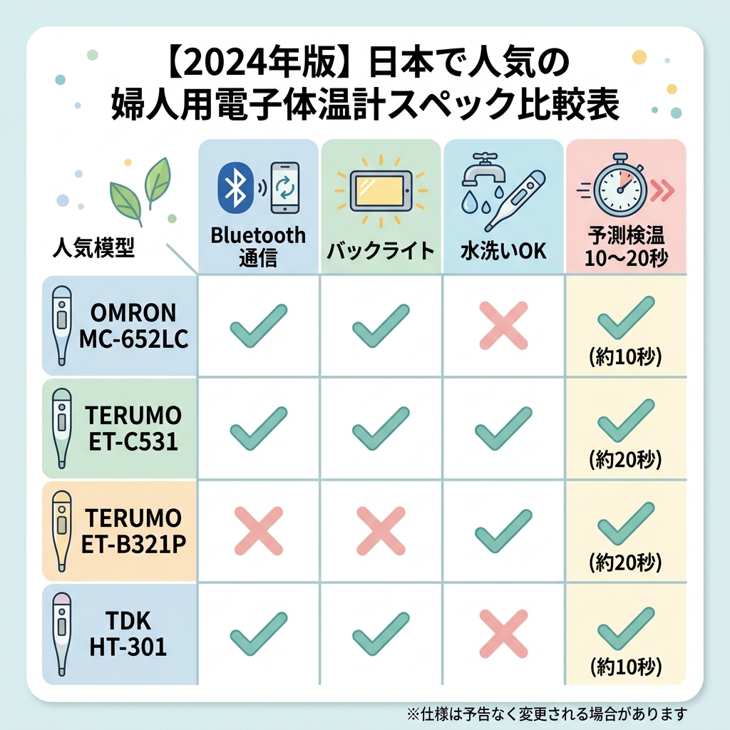 オムロン、テルモ、TDKの婦人体温計のBluetooth、バックライト、水洗い、測定時間のスペック比較マトリクス図