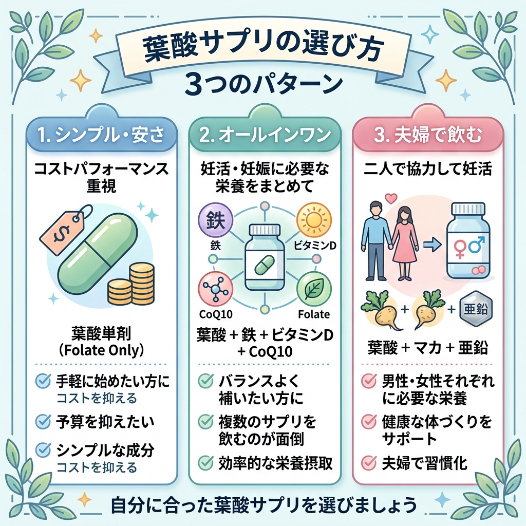 安さ重視、オールインワン、夫婦兼用の3つの葉酸サプリの選び方と特徴を整理した比較図