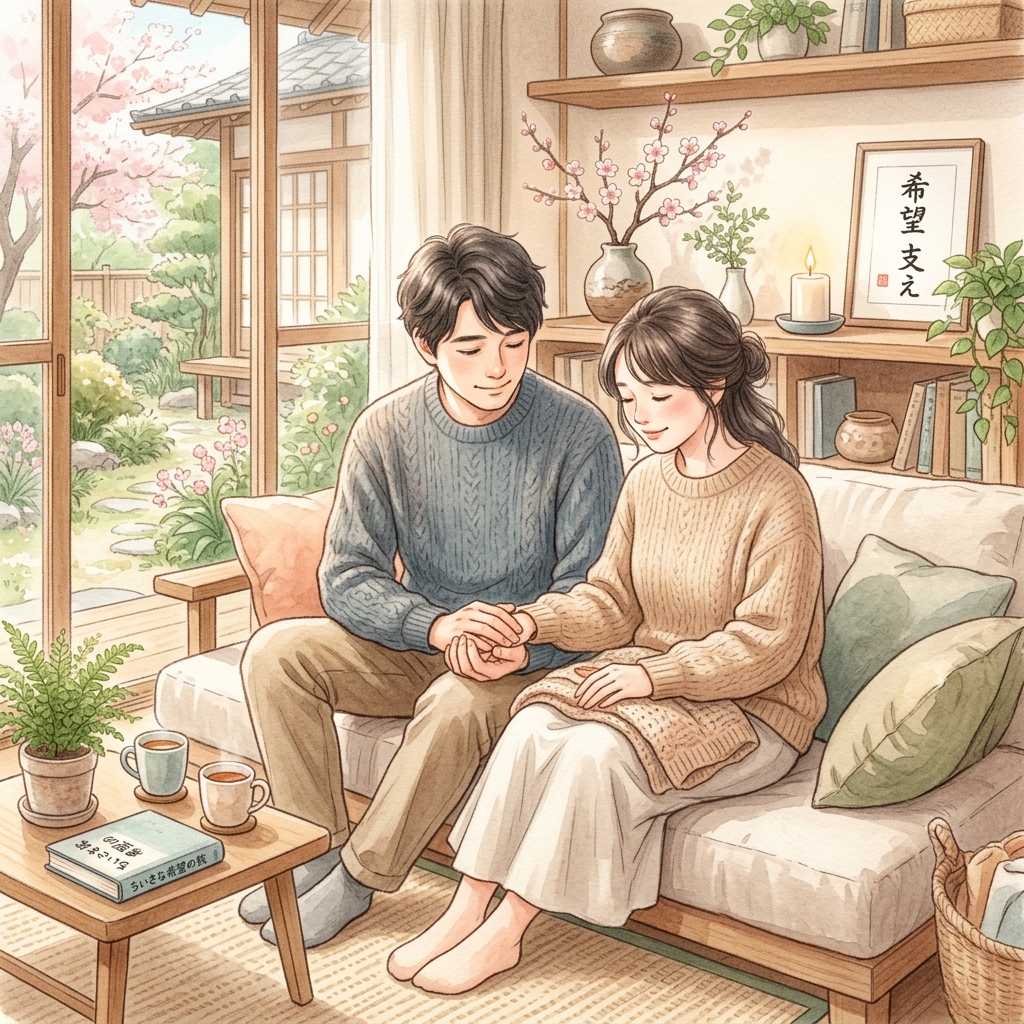 夫婦が穏やかに手を繋いでいるイラスト