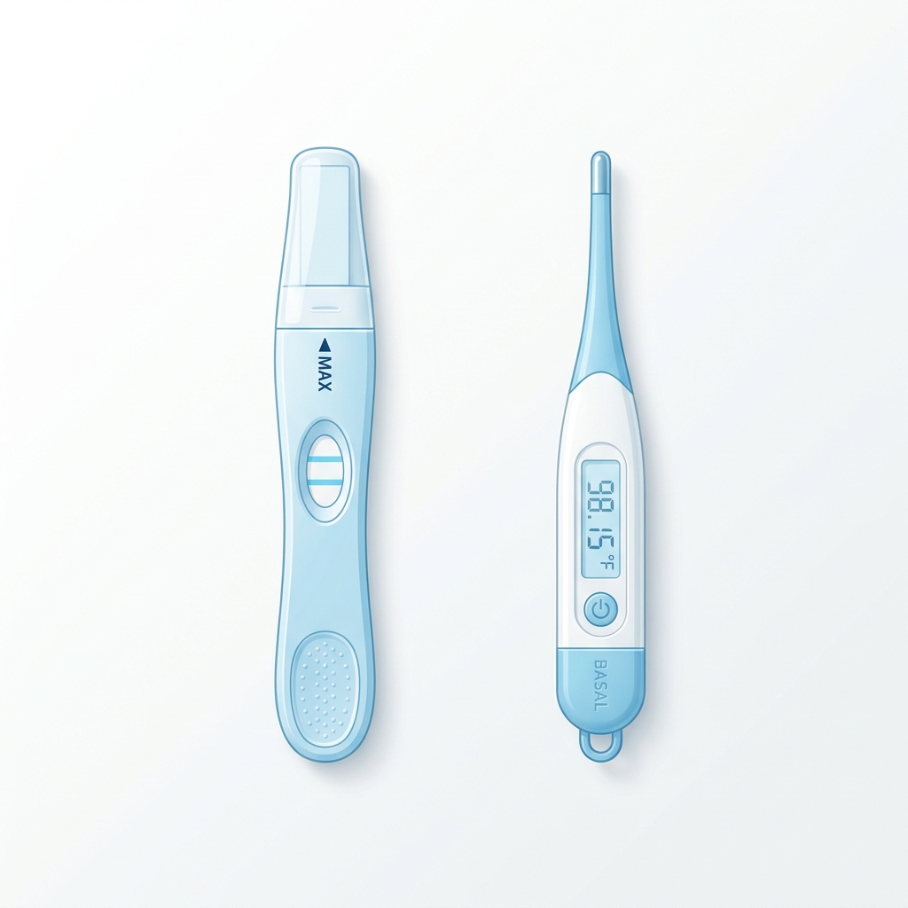 妊娠検査薬と基礎体温計のフラットレイ